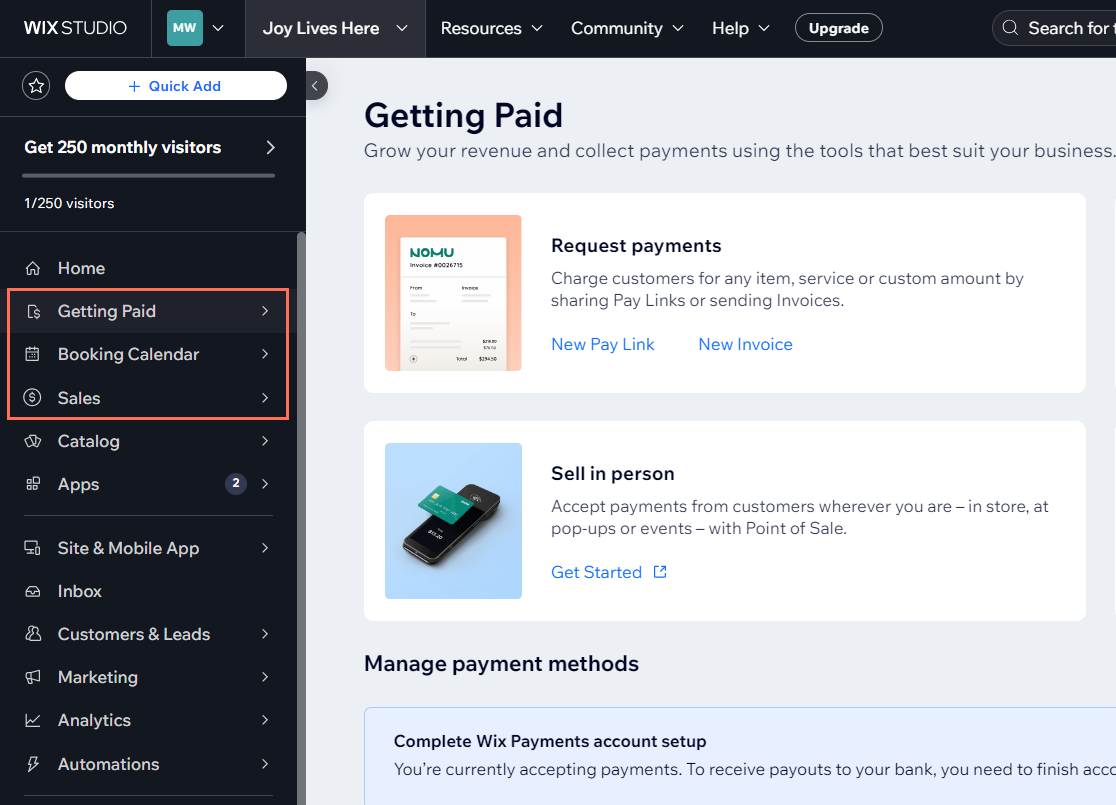 A screenshot of the Getting Paid and Sales tabs in the dashboard menu.