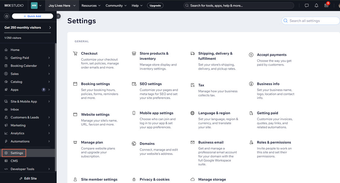 A screenshot of the Settings tab in the site dashboard.