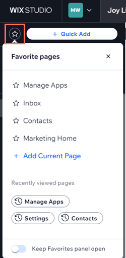 A screenshot of the favorite pages menu open in the dashboard.