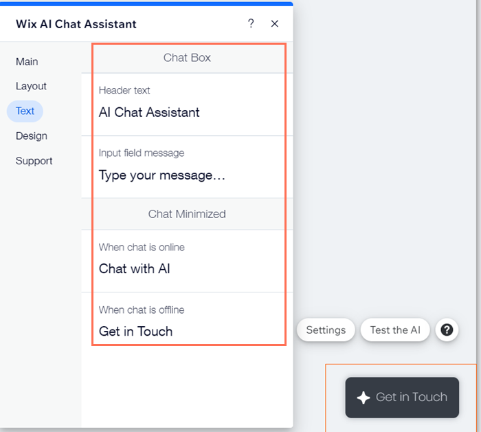 A screenshot of the Text tab of the AI Chat Assistant Settings, showing different design options.