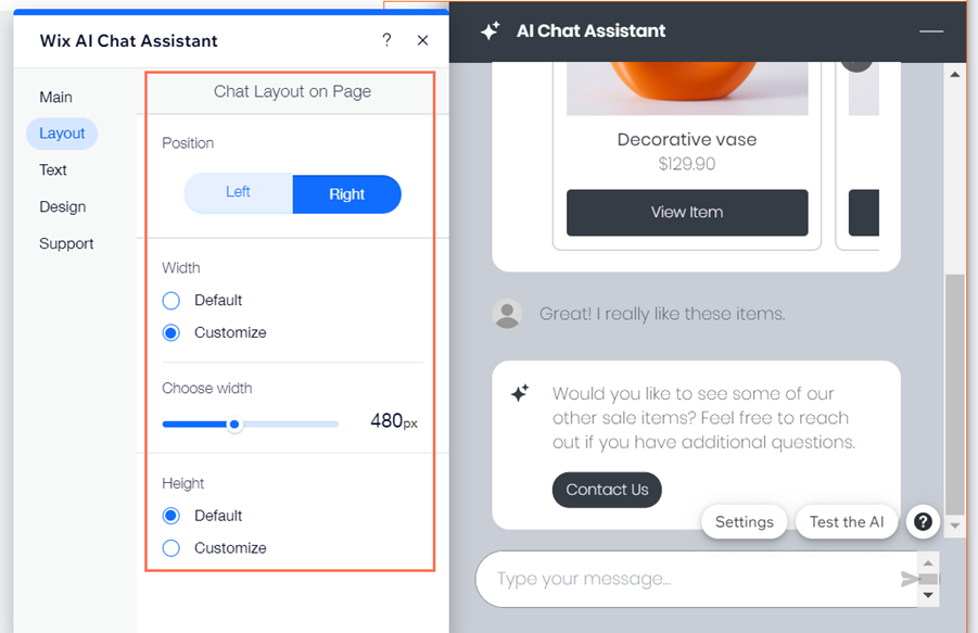 A screenshot of the Layout tab of the AI Chat Assistant Settings, showing different design options.