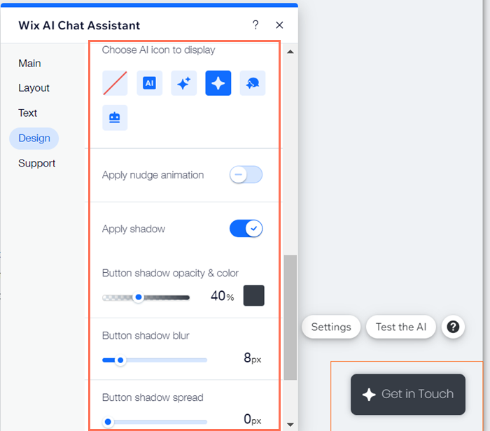 A screenshot of the Minimized Chat menu open in the Design tab of the AI Chat Assistant Settings, showing different options.