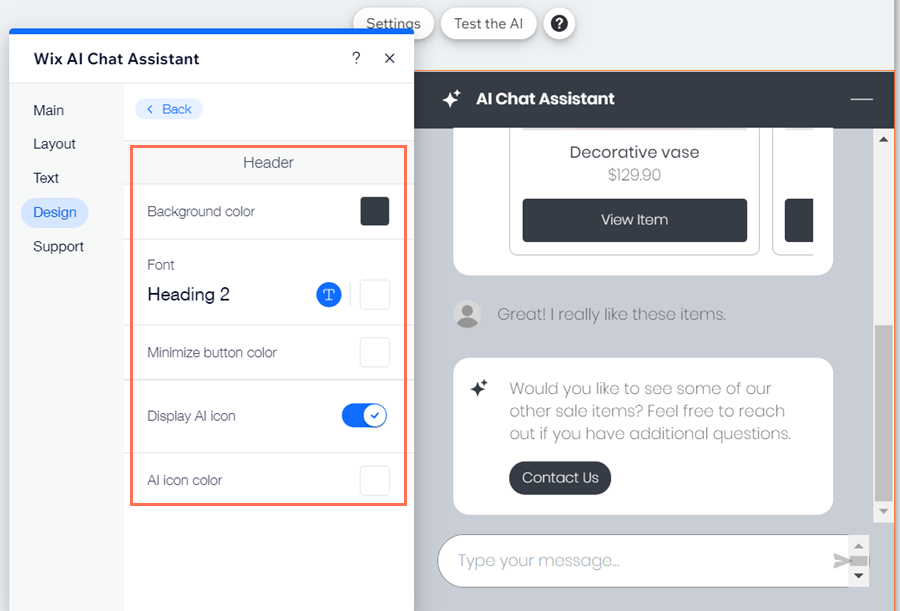 A screenshot of the Header menu open in the Design tab of the AI Chat Assistant Settings, showing different design options.