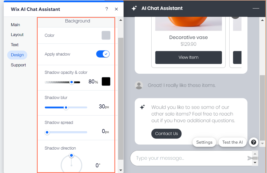 A screenshot of the Background menu open in the Design tab of the AI Chat Assistant Settings, showing different options.