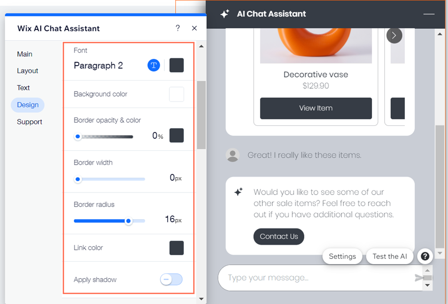 A screenshot of the Messages menu open in the Design tab of the AI Chat Assistant Settings, showing different design options.