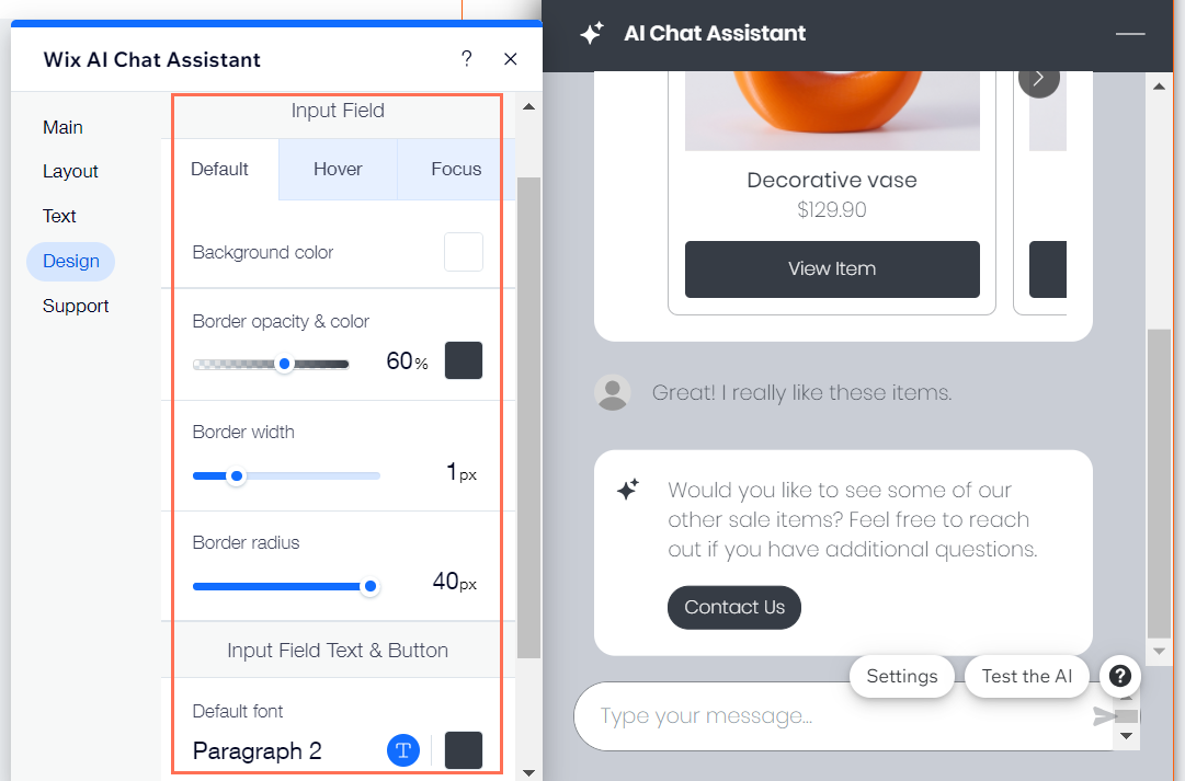 A screenshot of the Input Field menu open in the Design tab of the AI Chat Assistant Settings, showing different options.