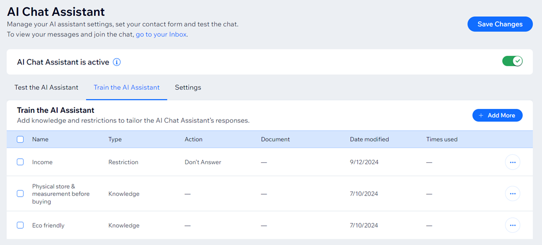 A screenshot of the AI Chat Assistant in the dashboard, open on the Train the AI Assistant tab.