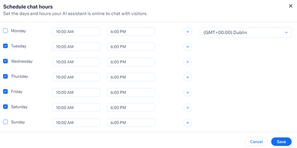 A screenshot of the Schedule chat hours menu for the AI Chat Assistant in the Settings tab.