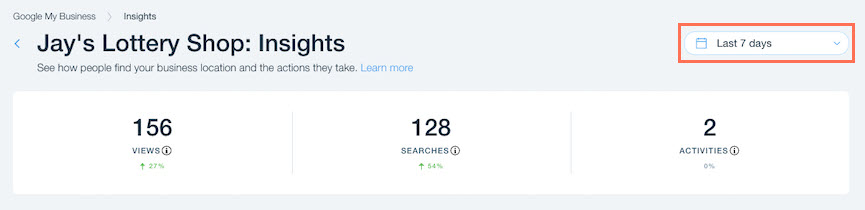 A screenshot of the Google Business Profile Insights page with the time selection of the last 7 days highlighted.