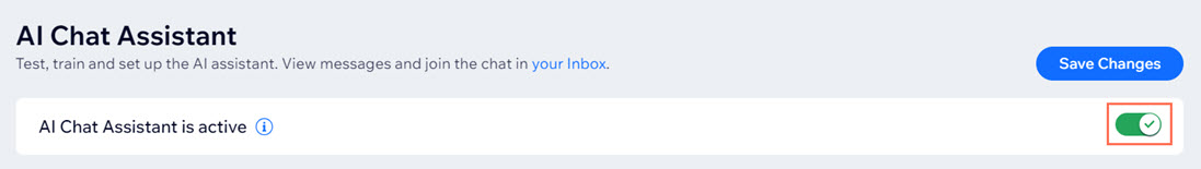 A screenshot of the AI Chat Assistant in the dashboard, with the activate toggle enabled and highlighted.