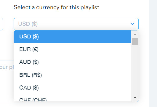 A screenshot of the currency selection drop-down menu.