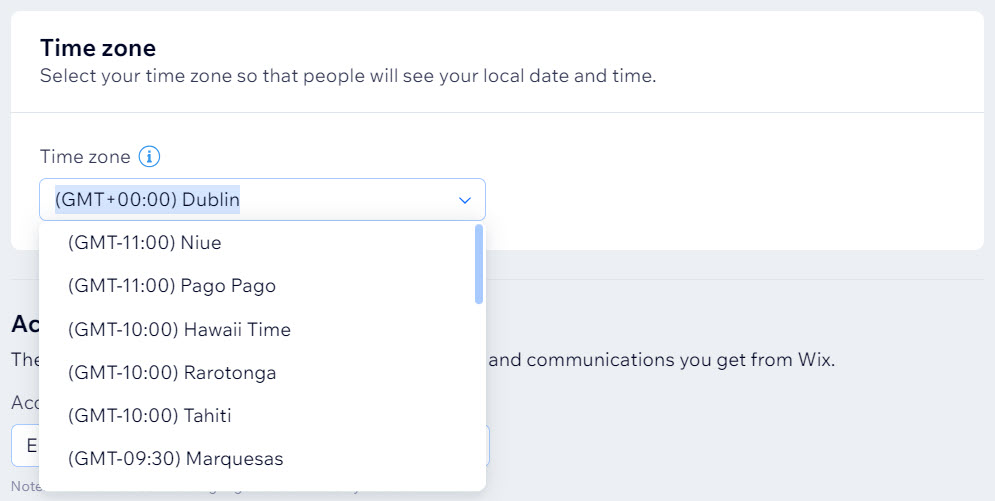 A screenshot of the Time zone drop-down menu open in the Language & Region dashboard.