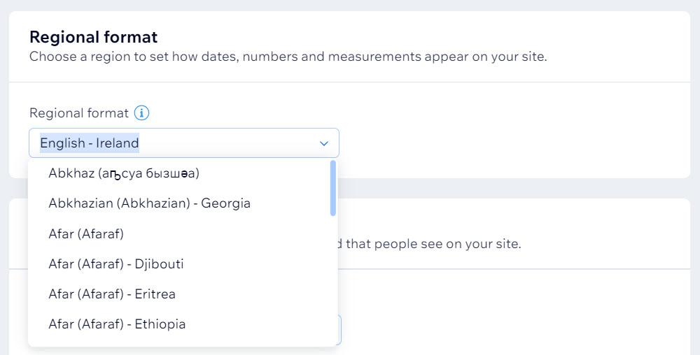 A screenshot of the Regional format drop-down menu open in the Language & Region dashboard.