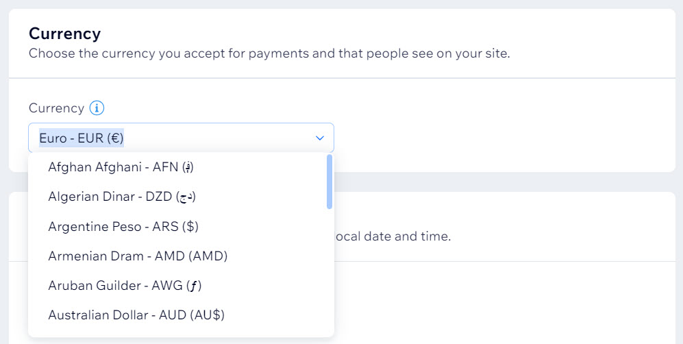 A screenshot of the Currency drop-down menu open in the Language & Region dashboard.