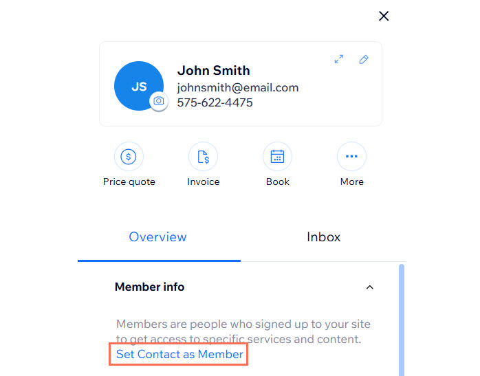 A screenshot of the contact panel with the Member info menu open, with the Set Contact as Member option highlighted.