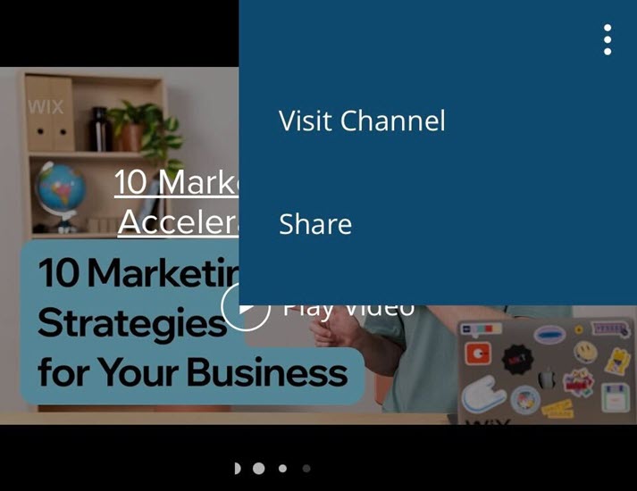 Een screenshot van de Wix Videospeler zoals het zou lijken voor een websitebezoeker, met de opties Kanaal bezoeken en Delen.