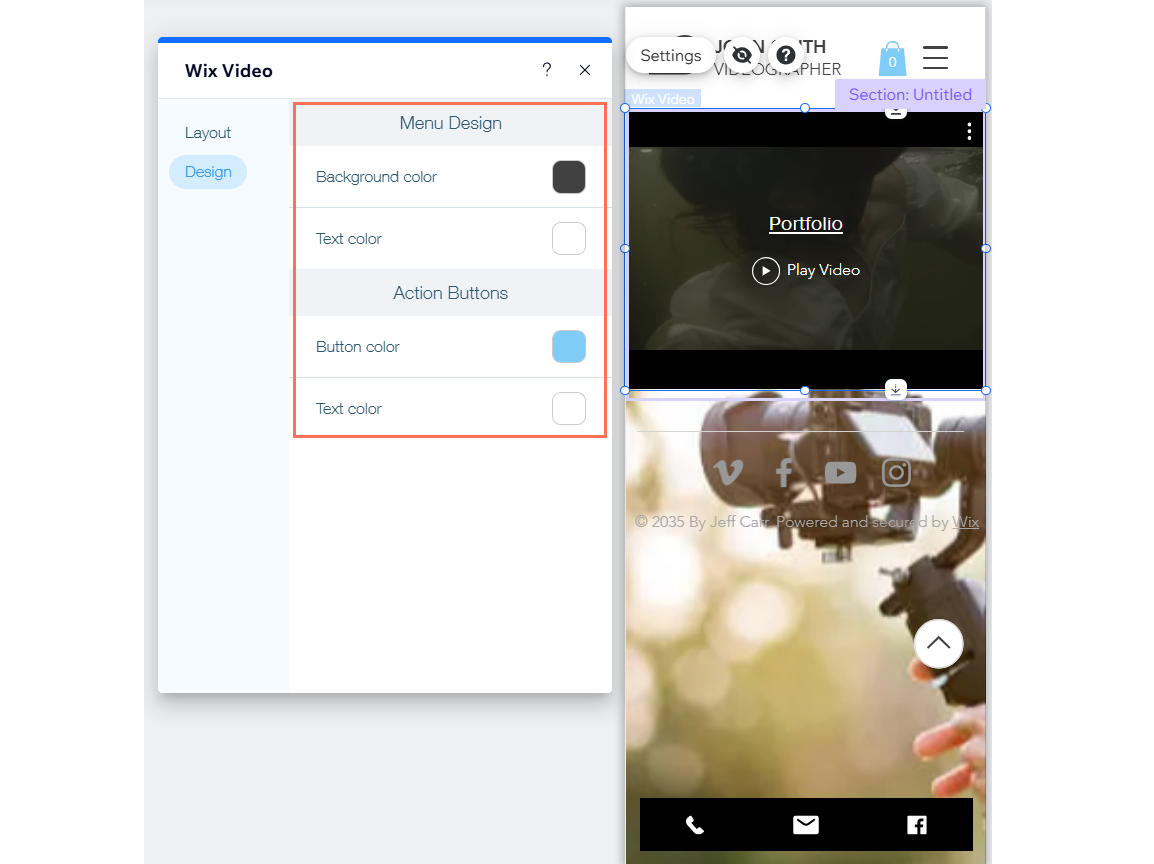 Mobil editörde bir video ögesindeki Ayarlar menüsünün Tasarım sekmesinin ekran görüntüsü.