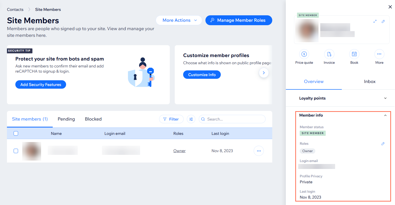 Uma captura de tela de um membro do site sendo selecionado para visualizar seu painel de contato.