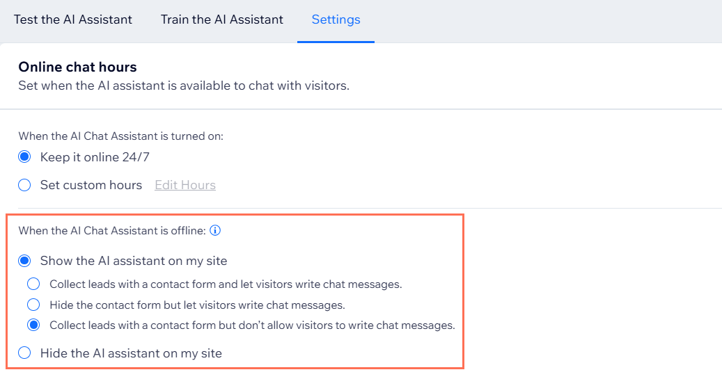 A screenshot of the Settings tab of the AI Chat Assistant dashboard with the offline hours options highlighted.