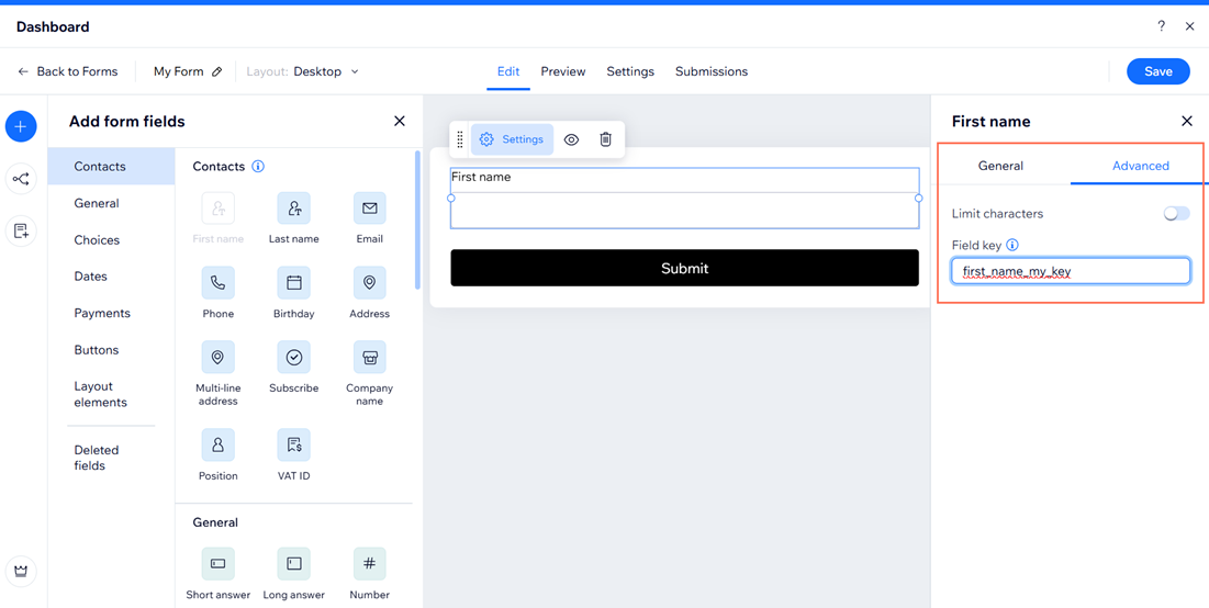 A screenshot of the Advanced Settings menu highlighted in the Form Fields settings menu.