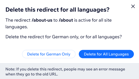 A screenshot of the Delete Redirects menu for a multilingual site.