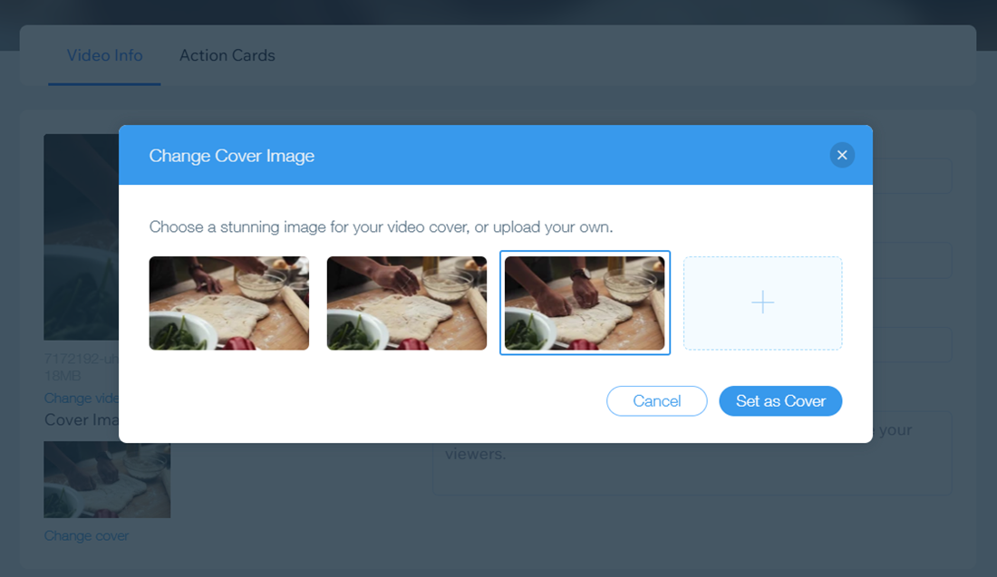 A screenshot of a video's edit options the Video Library showing the Change Cover Image menu.