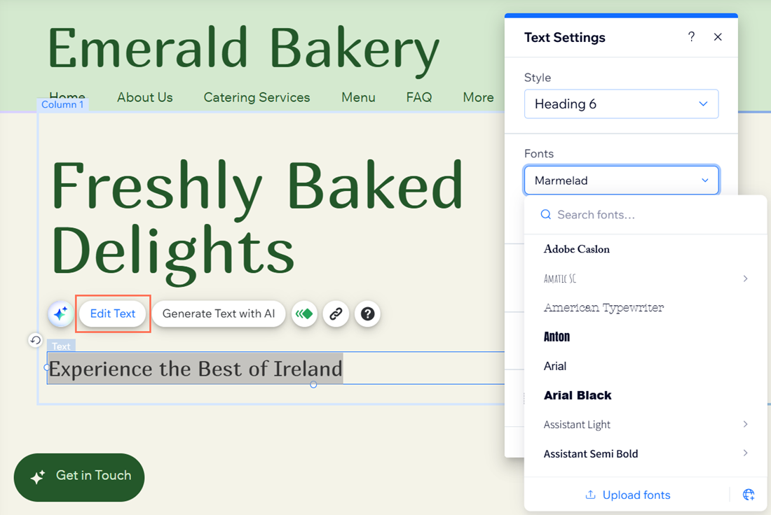 The Fonts dropdown menu of the text settings panel. The Montserrat font has been selected.