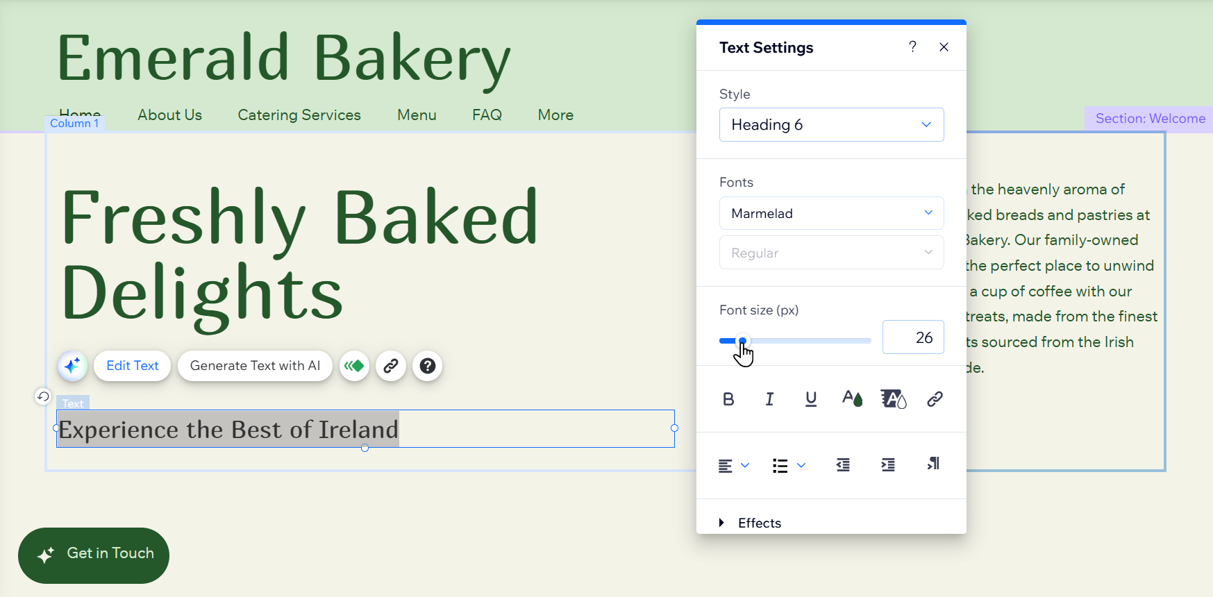 The text settings panel is open. The cursor has selected the Font size slider.