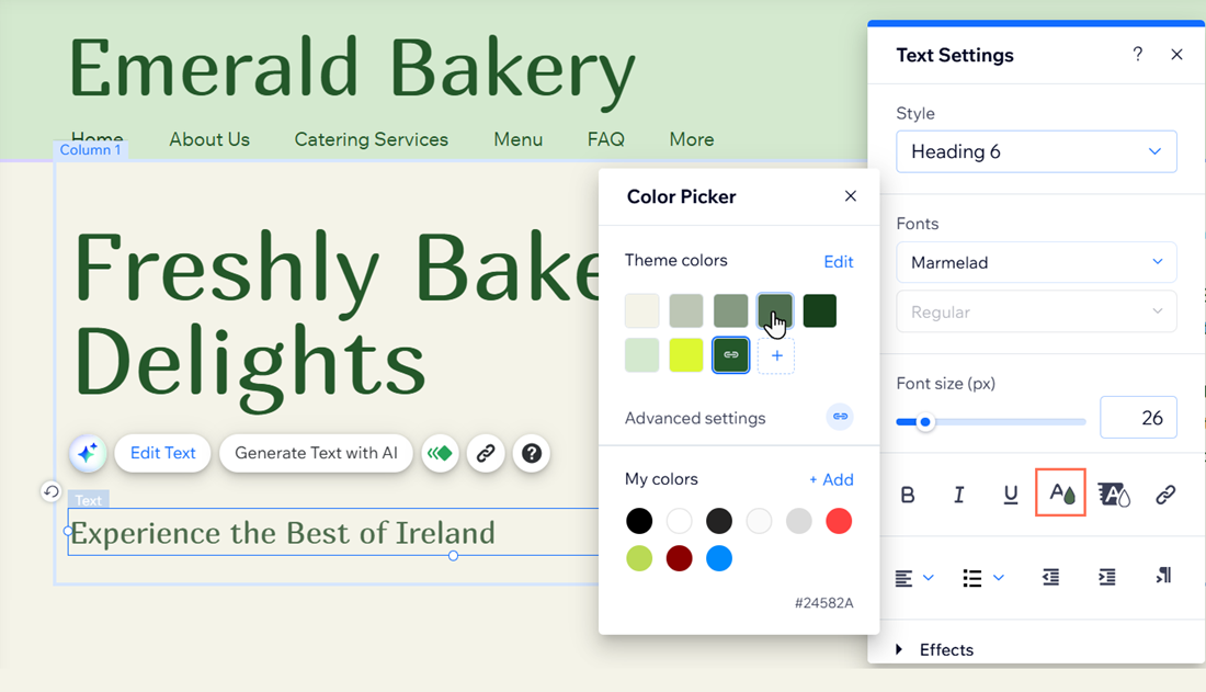 The color picker has been opened from the settings panel. Some of the text box has been changed to white.
