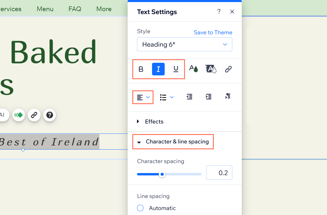 Formatting options are highlighted in the text settings panel. The cursor is hovering over the Character spacing slider.