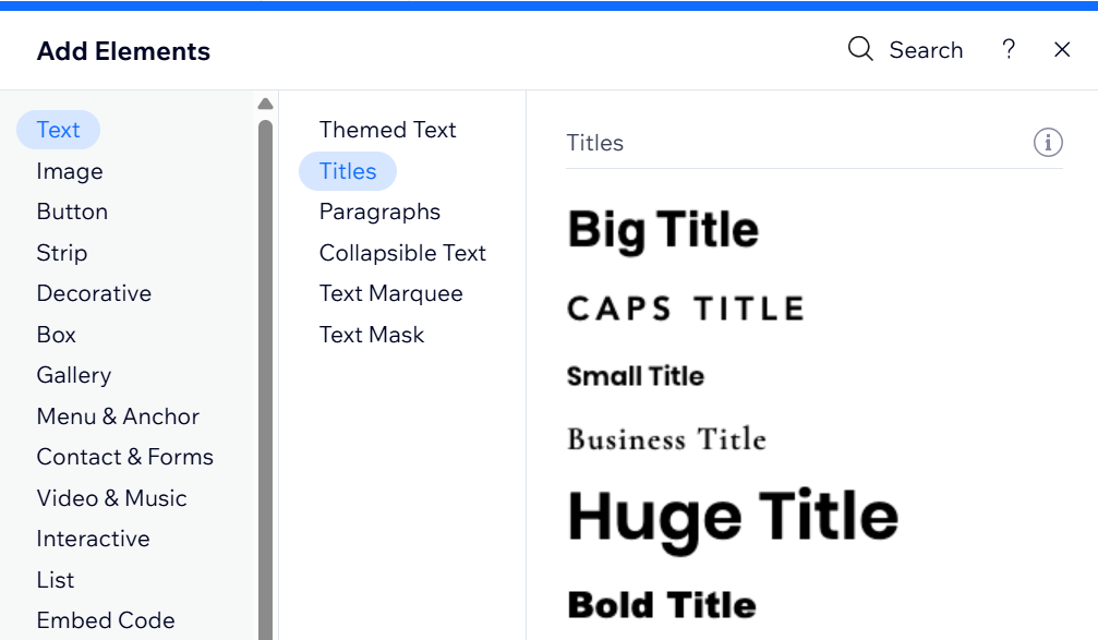 The Add Elements panel in the Wix Editor. The Text tab is open, and text previews are displayed.