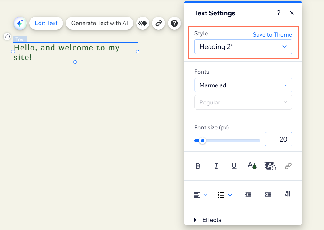 O painel Configurações de texto no editor. O dropdown Estilo está destacado.