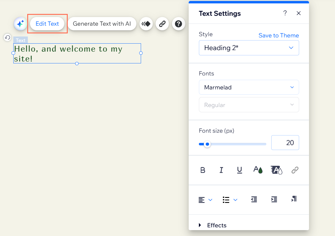The Edit Text panel. The text content has been updated, and formatting options are displayed.