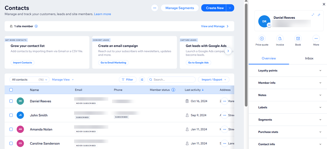 A screenshot of the contact panel in the contact list.