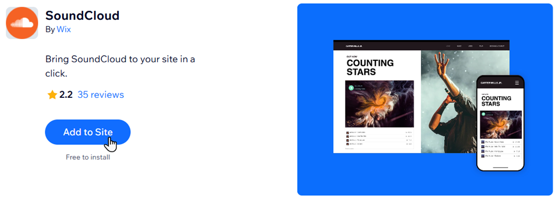 A screenshot of the SoundCloud app in the App Market with the Add to Site button highlighted.
