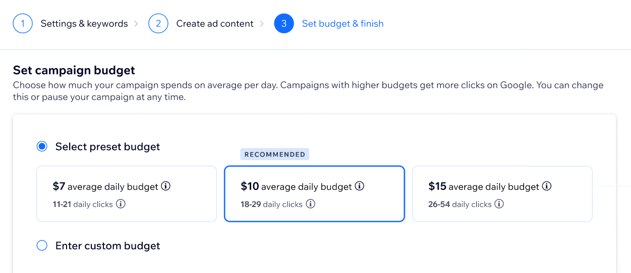 Aralarından seçim yapabileceğiniz hazır bütçelerin gösterildiği Kampanya bütçesi belirleyin sayfasının ekran görüntüsü.
