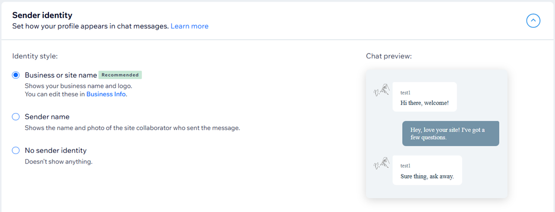 A screenshot of the sender identity options in Wix Chat.