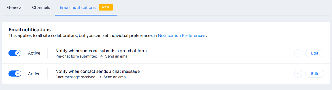 A screenshot of the email notifications tab in Chat Settings with both toggles enabled.