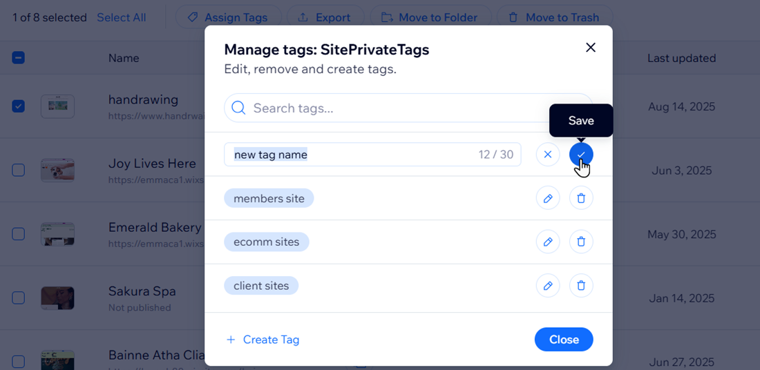 A screenshot of the Rename tag menu with the cursor hovering over the Save button.