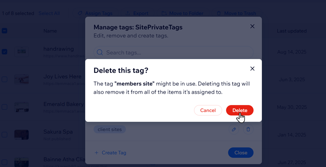 Een screenshot van het Tag verwijderen-menu met de cursor over de Verwijderen-knop.