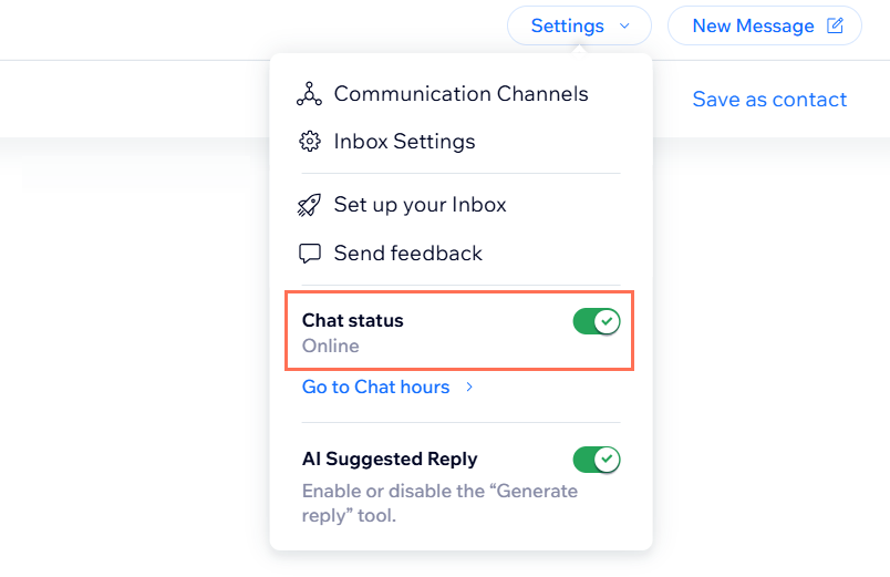 A screenshot of the chat status setting in the dashboard.