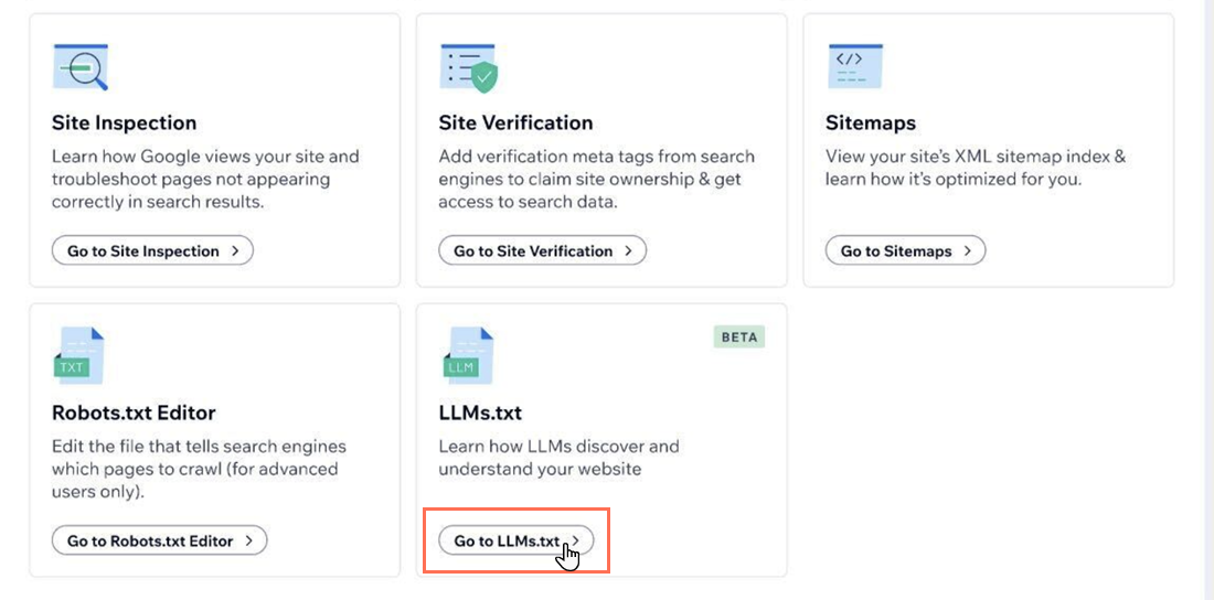 Een screenshot van de opties voor Tools en instellingen op het SEO-dashboard, met Naar LLMs.txt gemarkeerd.