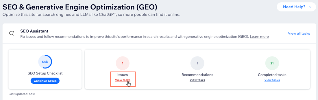 A screenshot of the SEO Assistant with the View tasks button under Issues highlighted.