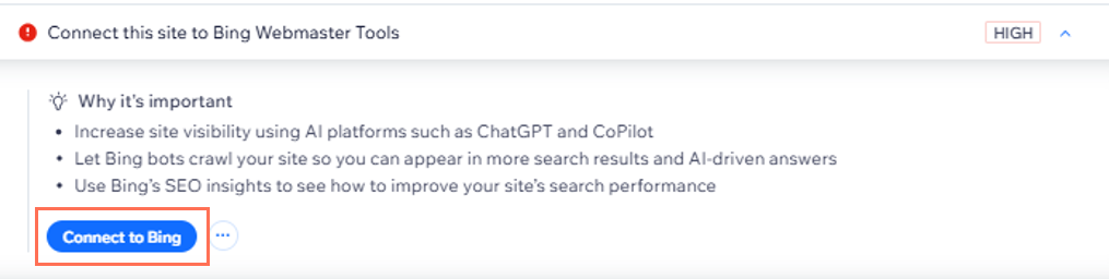 A screenshot of the Connect to Bing button highlighted under the Connect this site to Bing task in the SEO Assistant.