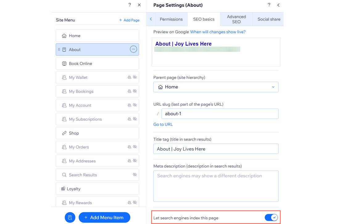 A screenshot of the SEO basics panel with the Let search engines index this page toggle highlighted.