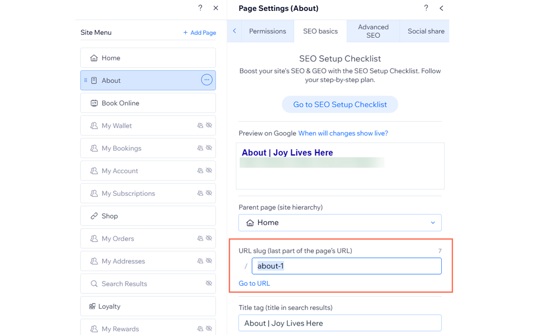 The SEO basics panel of a page in the editor with the URL slug text field highlighted.