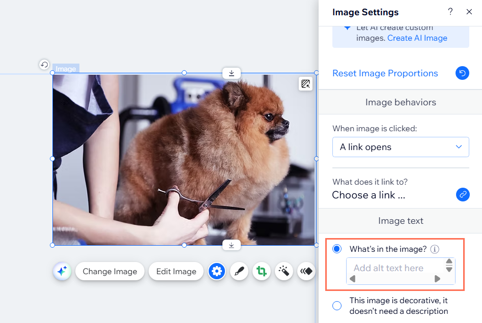 Ein Screenshot der Bildeinstellungen im Editor mit dem hervorgehobenen Alt-Text-Feld.