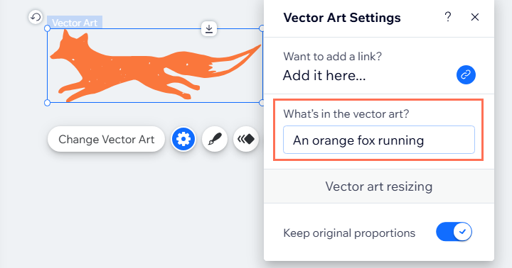 A screenshot of the vector art settings panel with the alt text field highlighted.