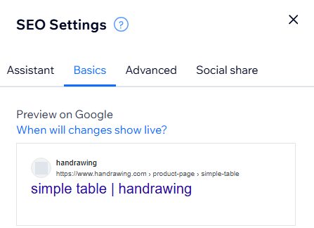 A screenshot of the SEO basics tab with a product search result preview.