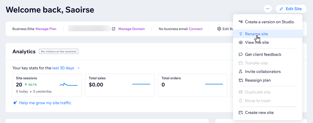 Screenshot of Wix dashboard home page, with More Actions icon clicked to open a list of options. Cursor is over rename site